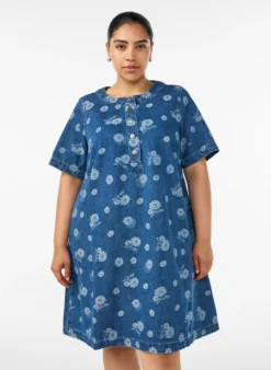 A-Linien-Kleid aus Denim mit Blumenmuster