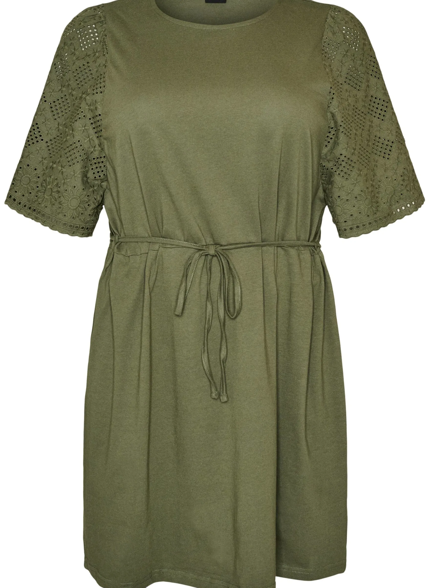 Baumwollkleid mit Broderie-Anglaise-Ärmeln und Bindegürtel