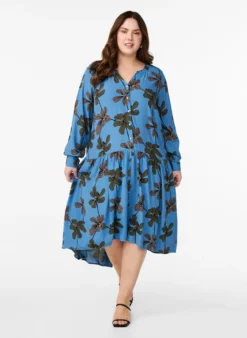 Bedrucktes Midikleid aus Viskose mit langen Ärmeln