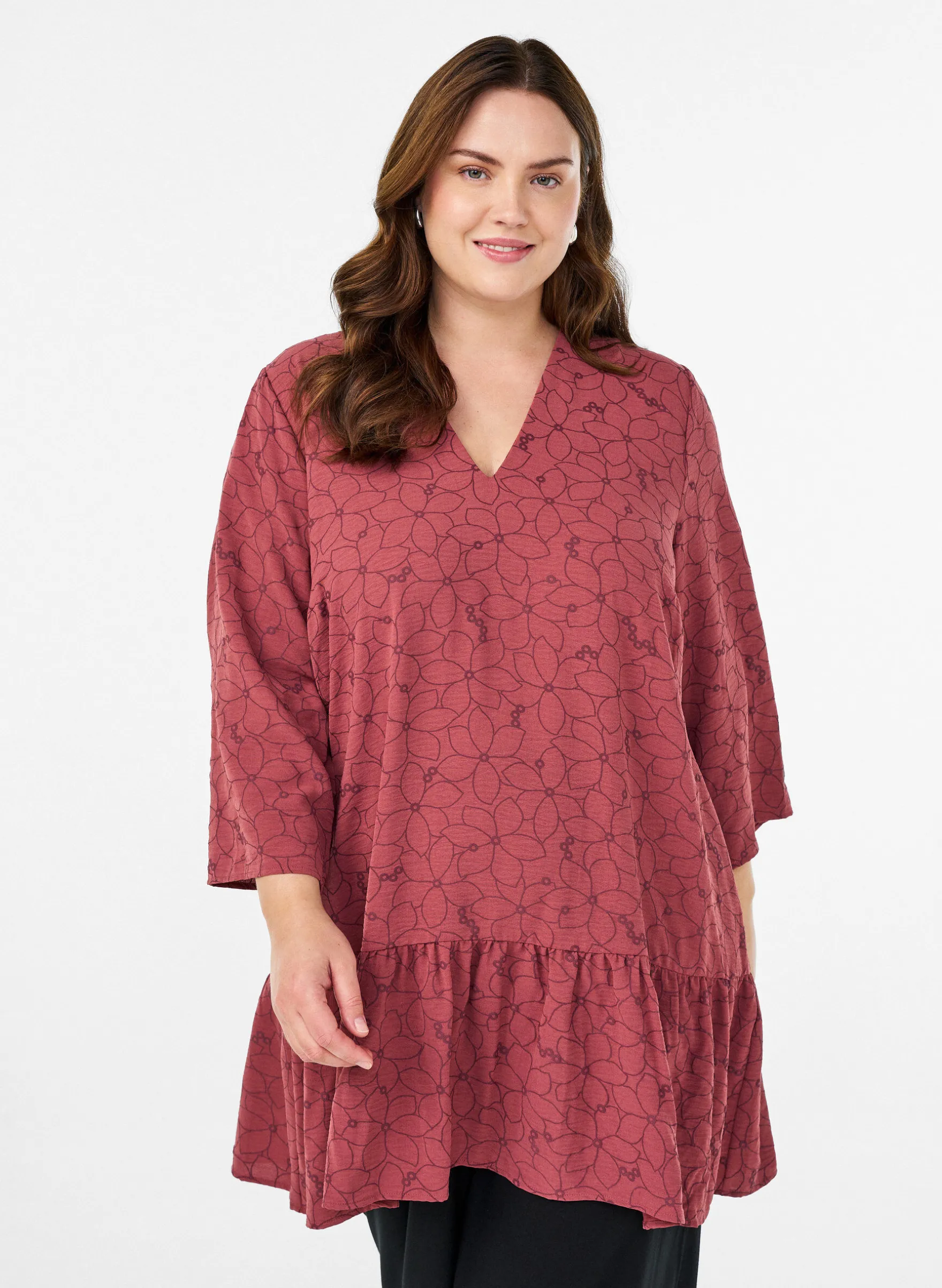 Bestickte Tunika mit Blumenmuster und 3/4-Ärmeln
