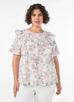 Bluse aus Baumwolle mit Broderie Anglaise und Rüschen