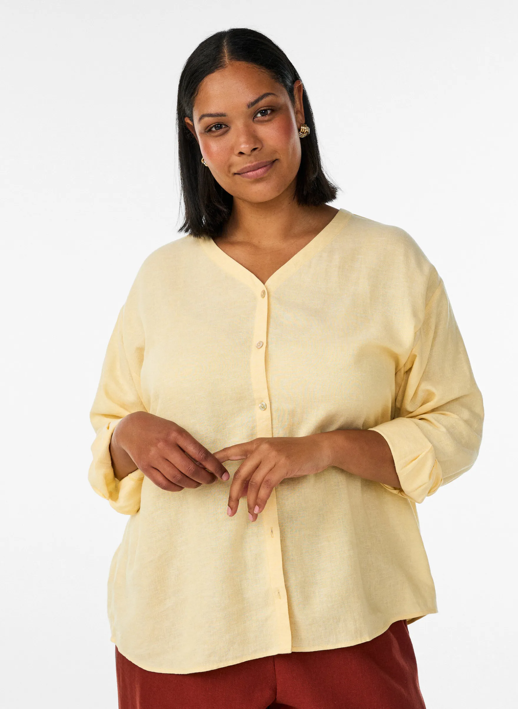 Bluse aus Leinen und Viskose mit V-Ausschnitt