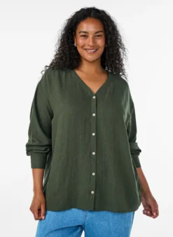 Bluse aus Leinen und Viskose mit V-Ausschnitt