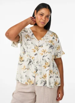 Bluse aus Leinen und Viskose mit V-Ausschnitt und Knopfverschluss