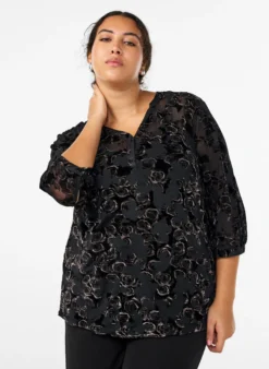 Bluse aus Mesh mit Veloursrosen und 3/4-Ärmeln