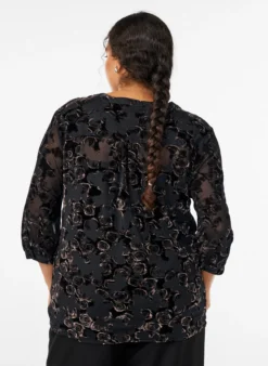 Bluse aus Mesh mit Veloursrosen und 3/4-Ärmeln