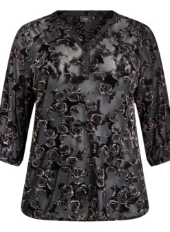 Bluse aus Mesh mit Veloursrosen und 3/4-Ärmeln