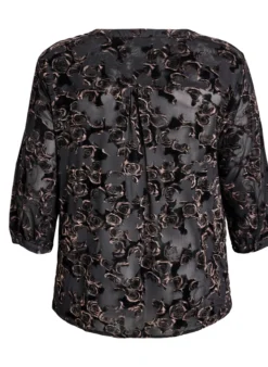 Bluse aus Mesh mit Veloursrosen und 3/4-Ärmeln