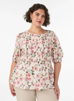 Bluse aus Viskose mit Smock und Peplum-Effekt