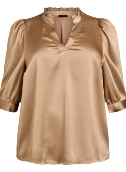 Bluse in Satin-Optik mit 1/2-Ärmeln und Rüschenkragen