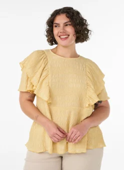 Bluse mit gesmokter Textur und Rüschenärmeln