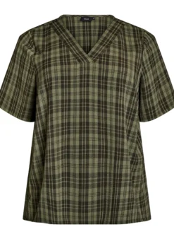 Bluse mit Karo-Muster und V-Ausschnitt