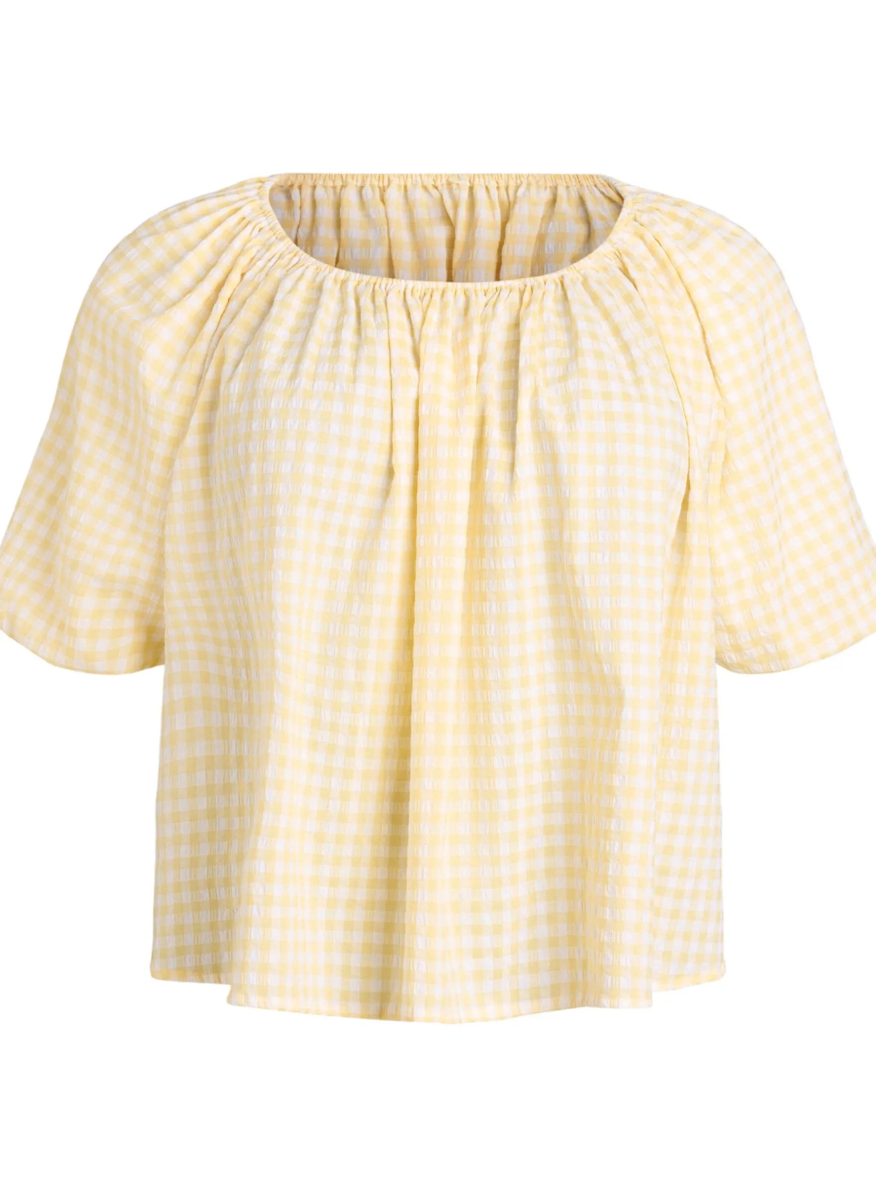 Bluse mit kleinem Karo, elastischem Ausschnitt und halblangen Ärmeln