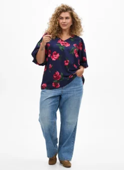 Bluse mit Rosenprint und kurzen Ballonärmeln