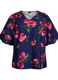 Bluse mit Rosenprint und kurzen Ballonärmeln