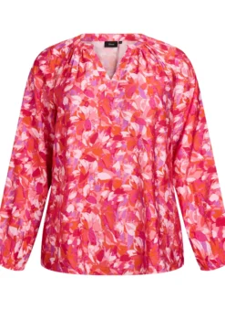 Bluse mit V-Ausschnitt und grafischem Blattmuster