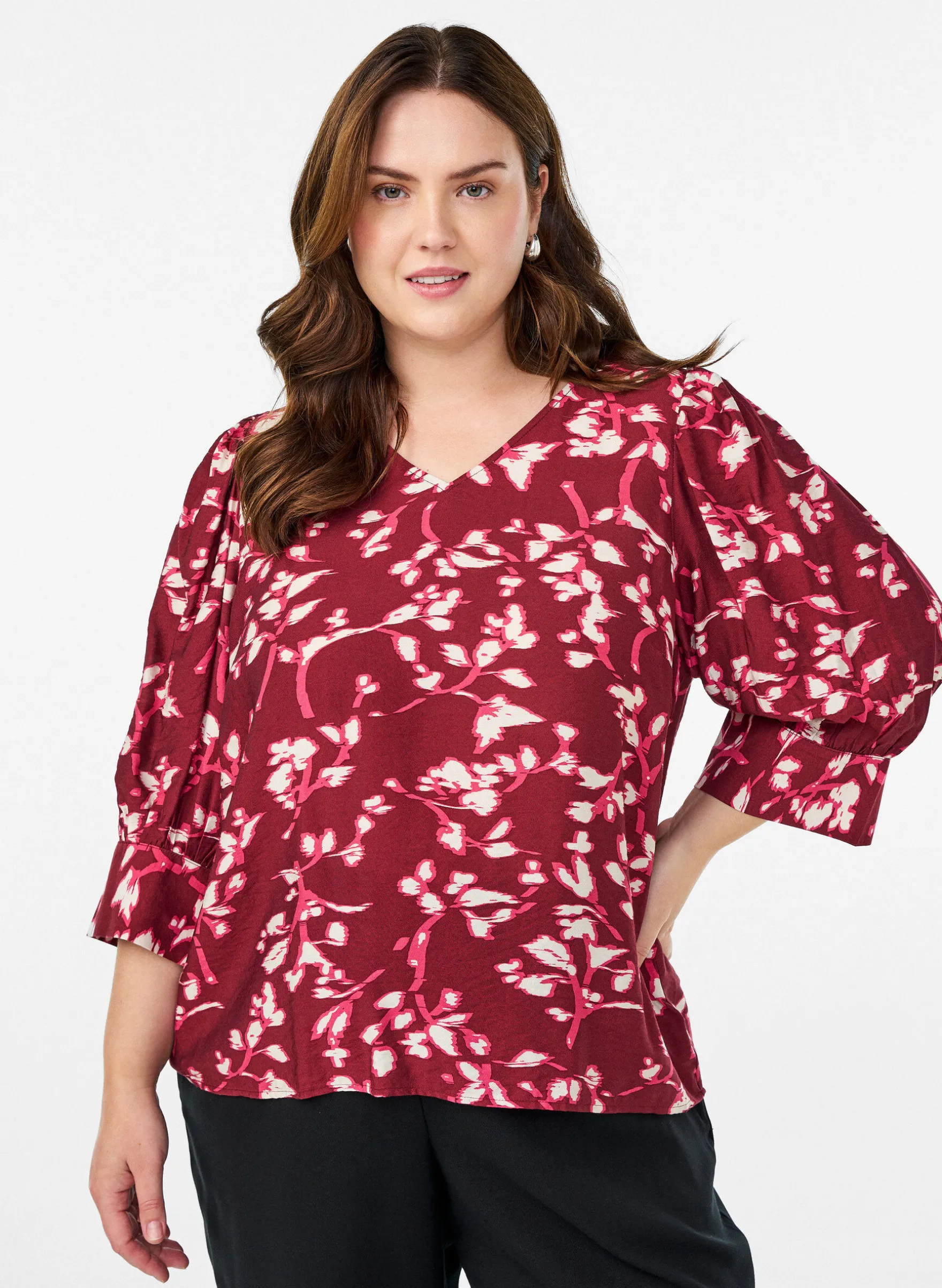 Bluse mit V-Ausschnitt und 3/4-Ärmeln