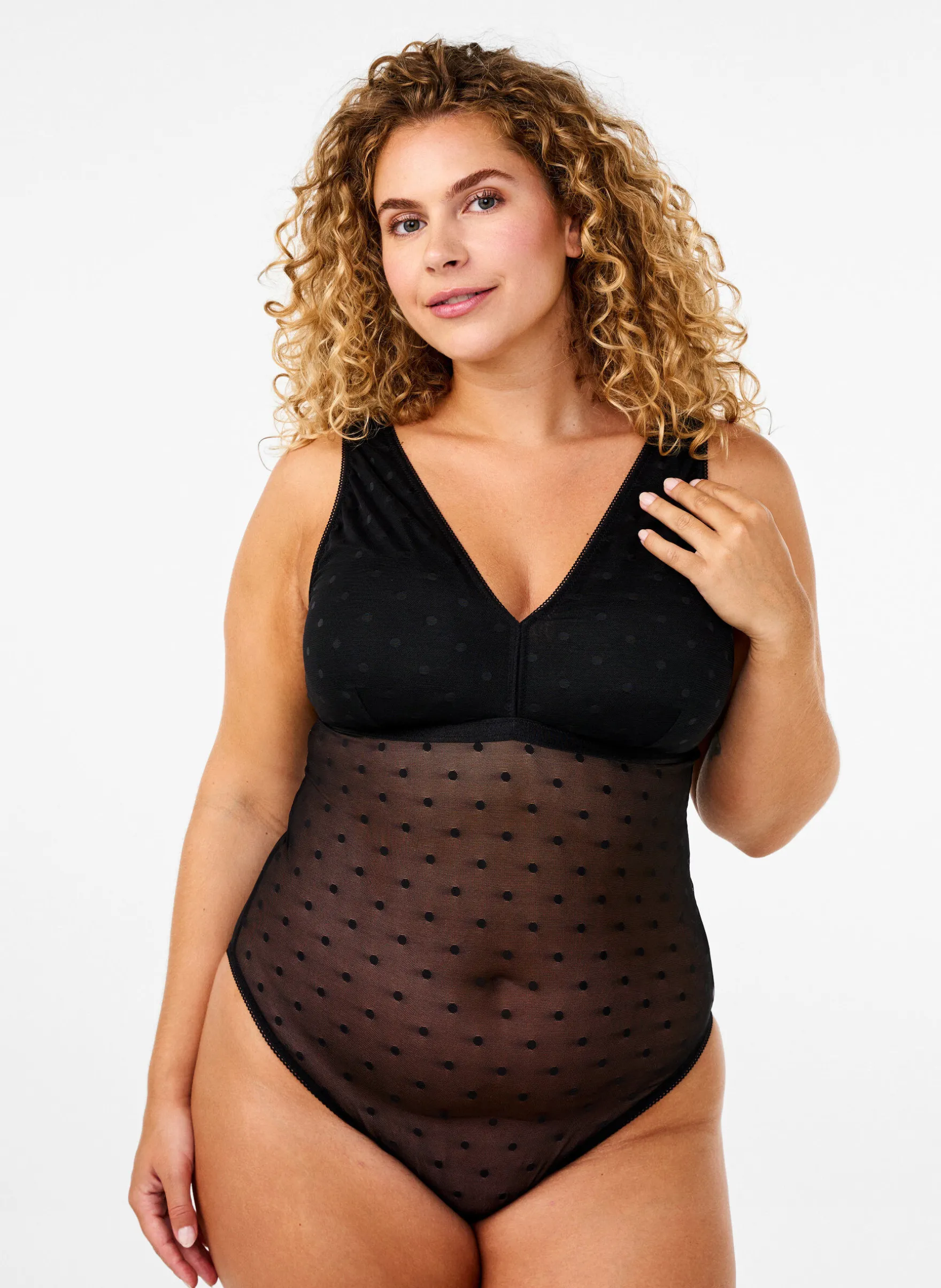 Bodystocking mit gepunktetem Netz und abnehmbaren Pads