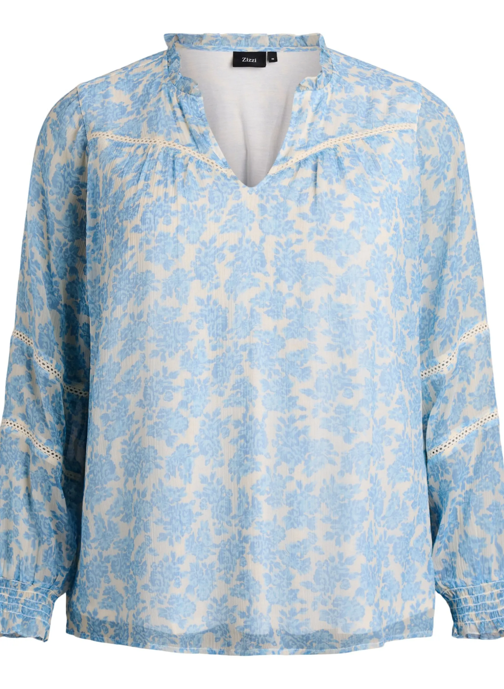 Chiffonbluse mit Blumenprint und Häkelborte