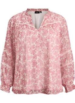 Chiffonbluse mit Blumenprint und Häkelborte
