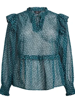 Chiffonbluse mit Rüschendetails und kleinen Punkten