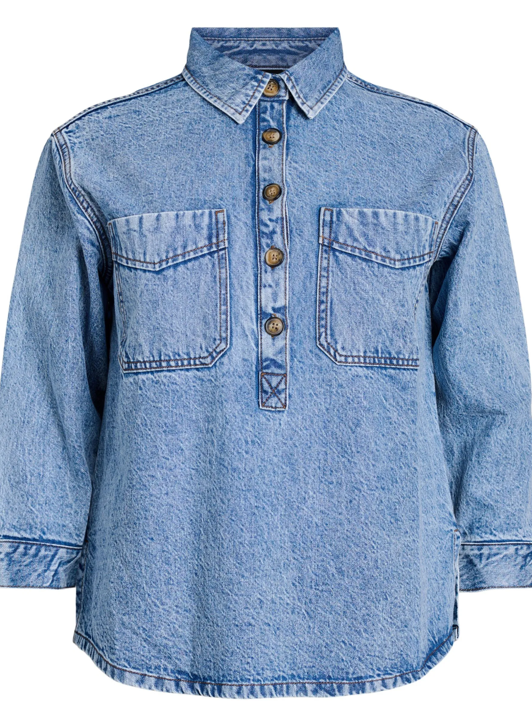 Denim-Hemd mit halber Knopfleiste und Brusttaschen
