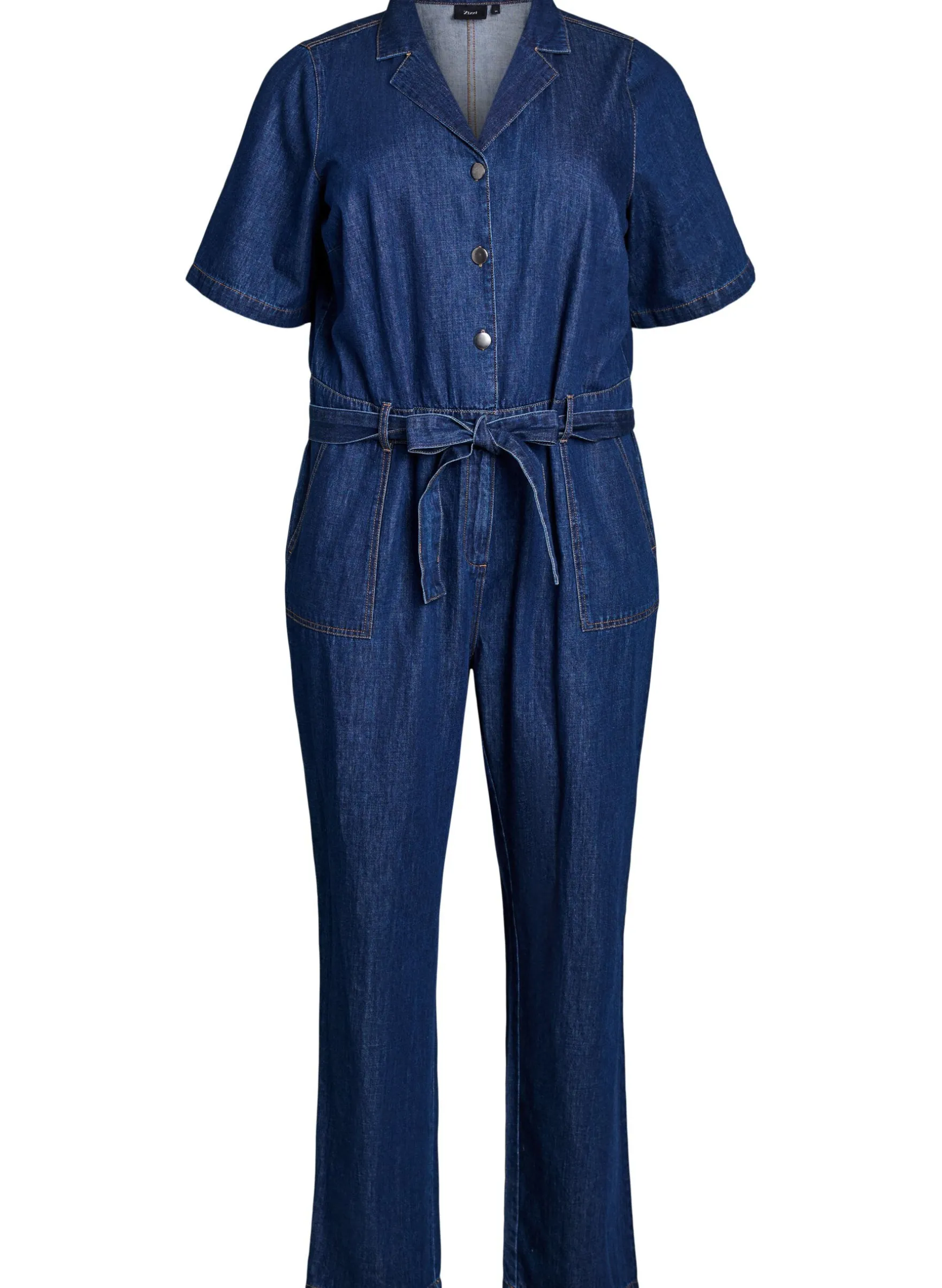 Denim-Jumpsuit mit kurzen Ärmeln und Bindegürtel