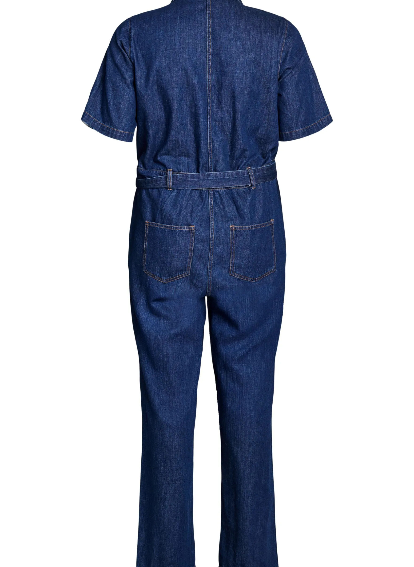 Denim-Jumpsuit mit kurzen Ärmeln und Bindegürtel