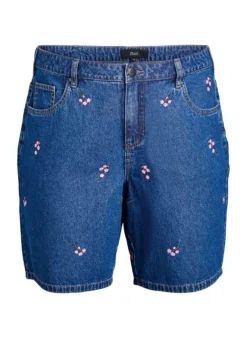 Denim-Shorts mit aufgestickten Blumen