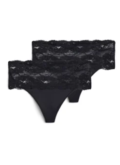 2er-Pack Tanga mit breitem Spitzenrand