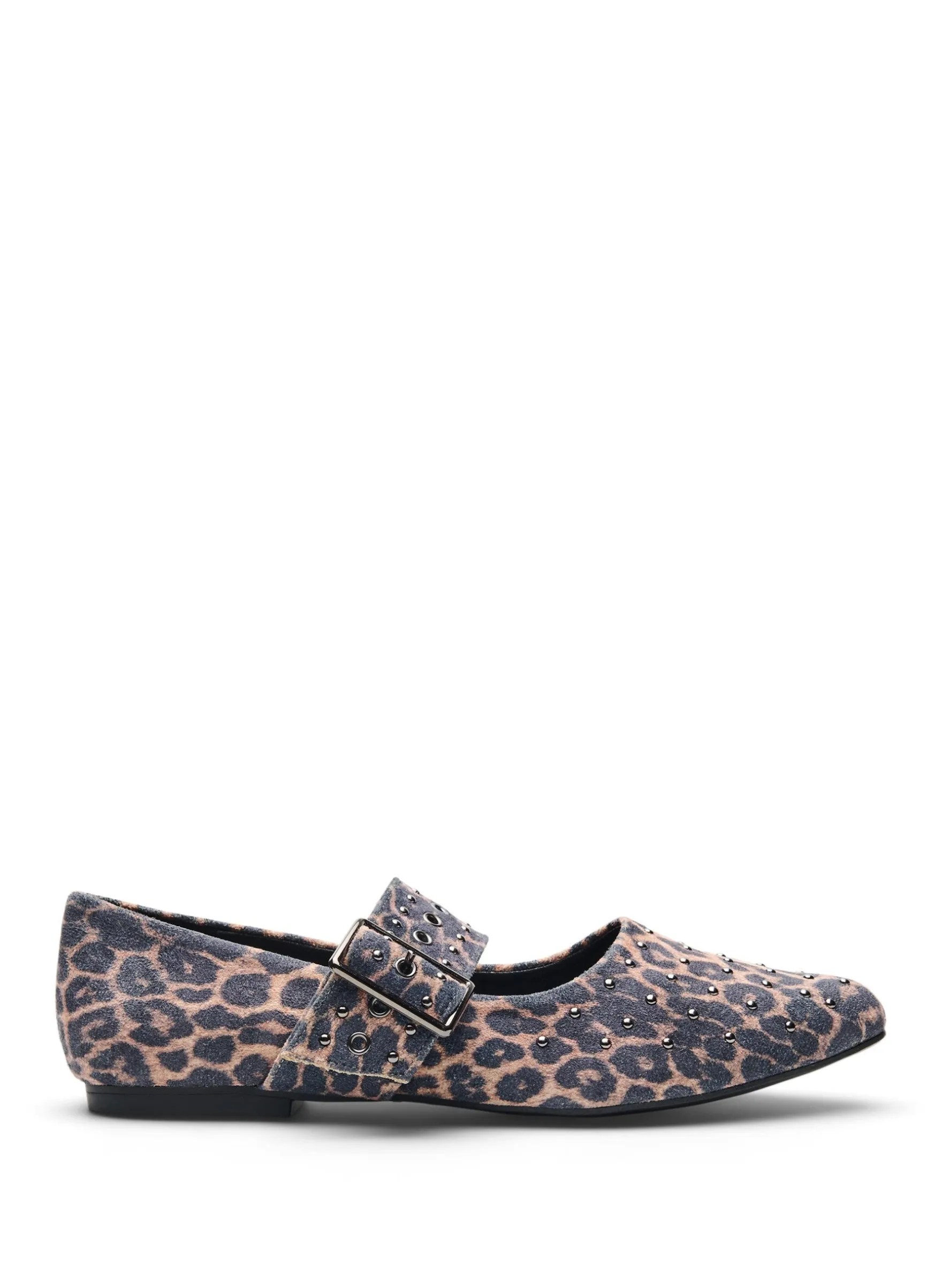 Extra Weite - Ballerina mit Leo-Print, Schnalle und Nieten