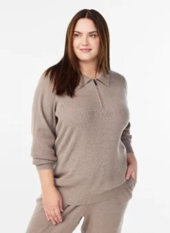 Feinripp Pullover mit Polokragen und Reißverschluss