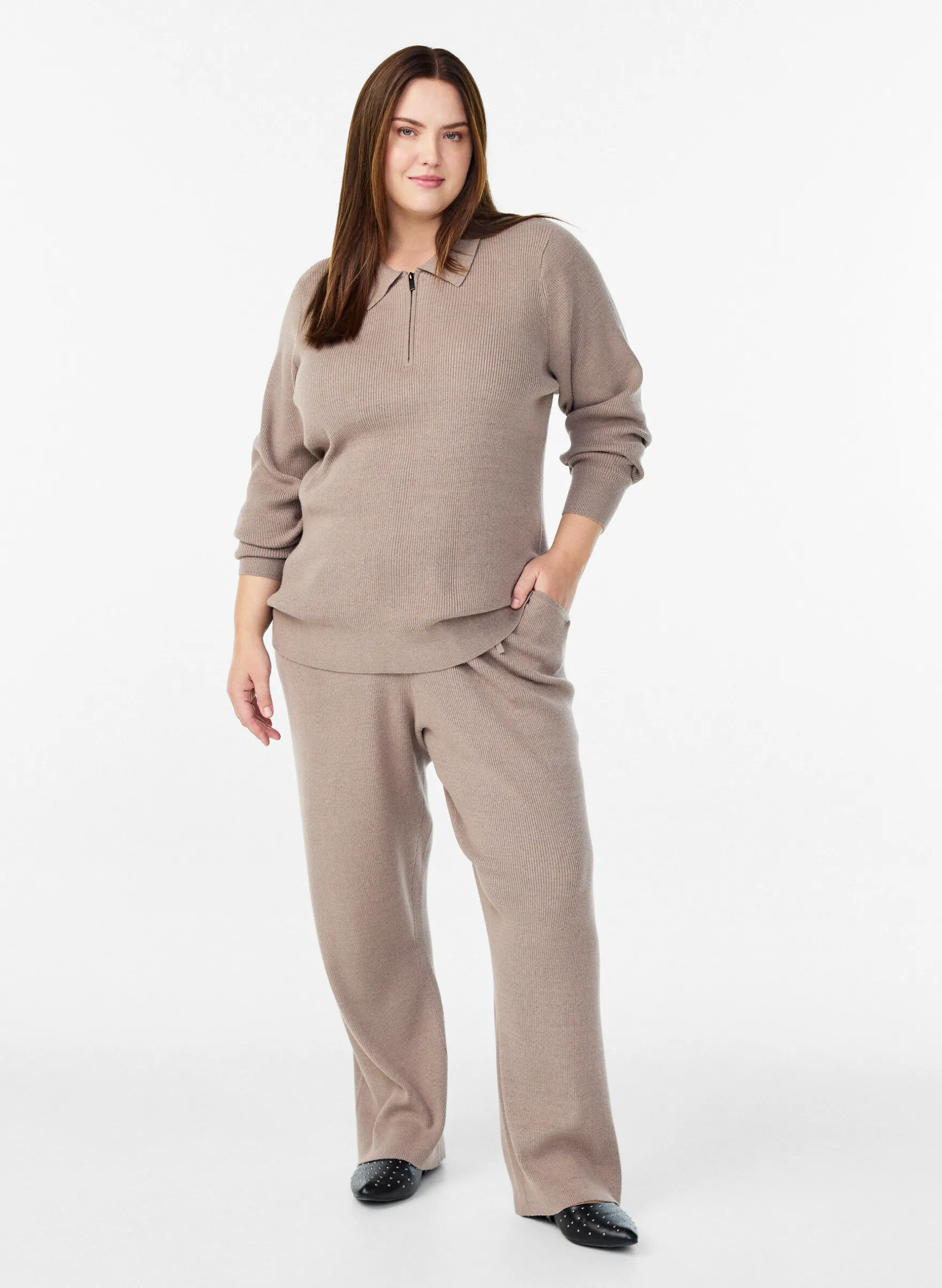 Feinripp Pullover mit Polokragen und Reißverschluss