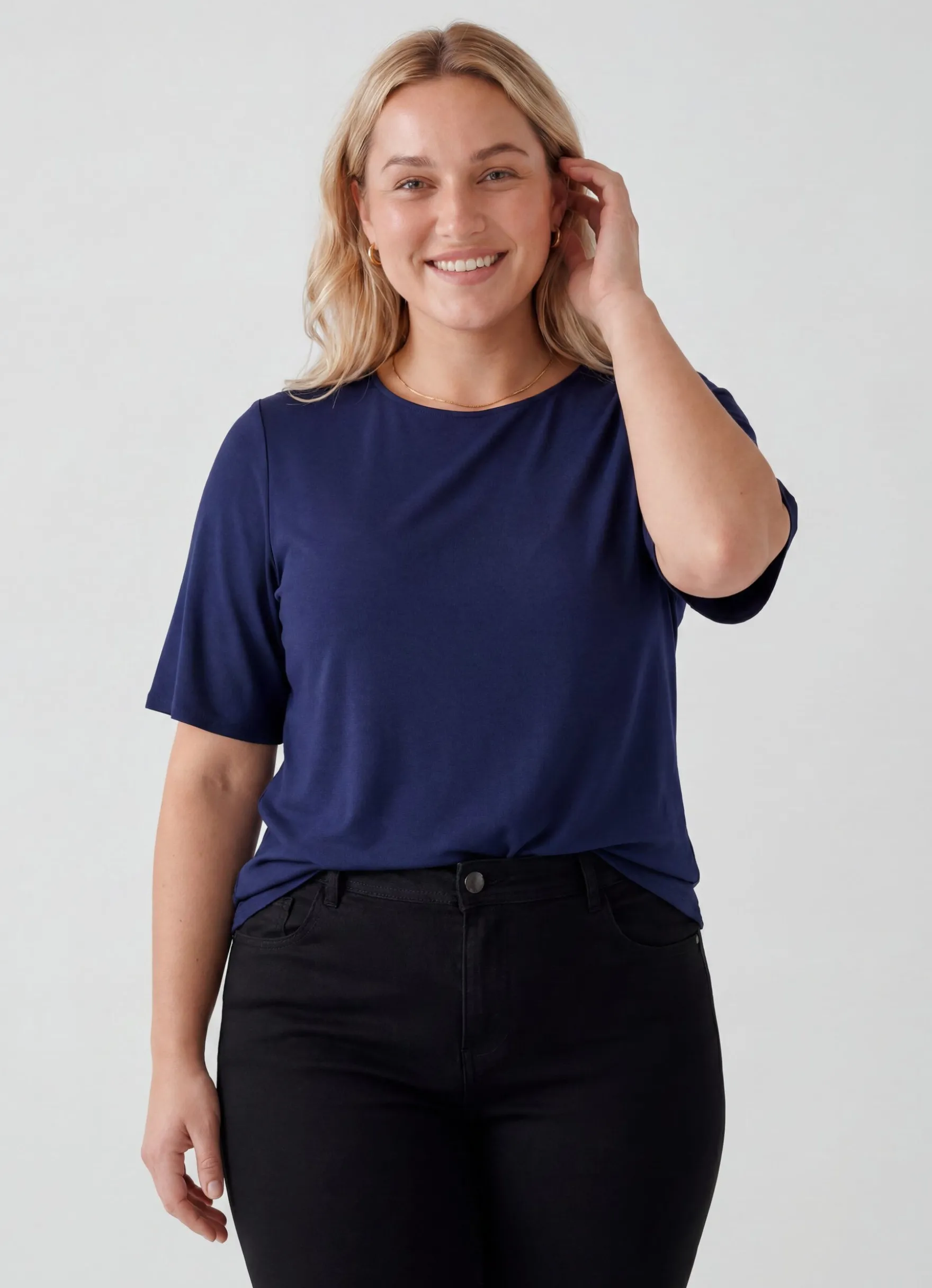 FLASH - Kurzärmelige, gewebte Bluse mit Rundhals
