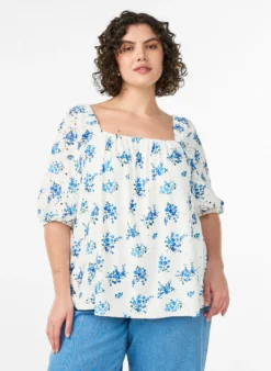 Geblümte Bluse mit Karree-Ausschnitt und Lochstickerei