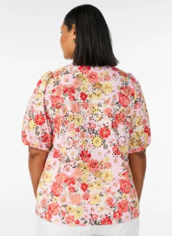 Geblümte Bluse mit Lochstickerei und V-Ausschnitt