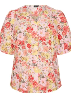 Geblümte Bluse mit Lochstickerei und V-Ausschnitt