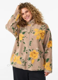 Geblümte Fleecejacke mit hohem Kragen und Reißverschluss