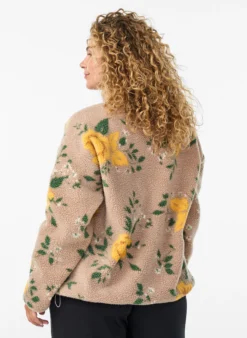 Geblümte Fleecejacke mit hohem Kragen und Reißverschluss