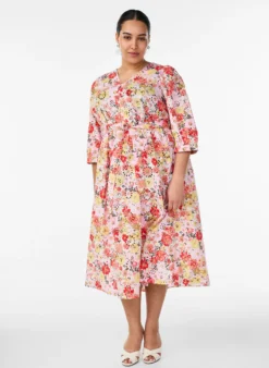 Geblümtes Midikleid mit Lochstickerei und Bindegürtel