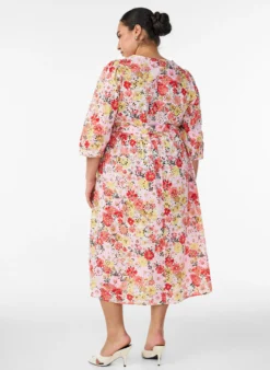 Geblümtes Midikleid mit Lochstickerei und Bindegürtel