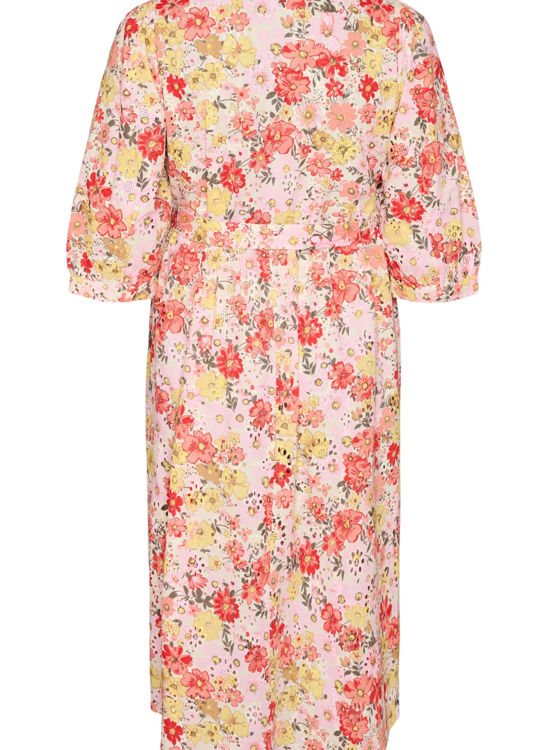 Geblümtes Midikleid mit Lochstickerei und Bindegürtel