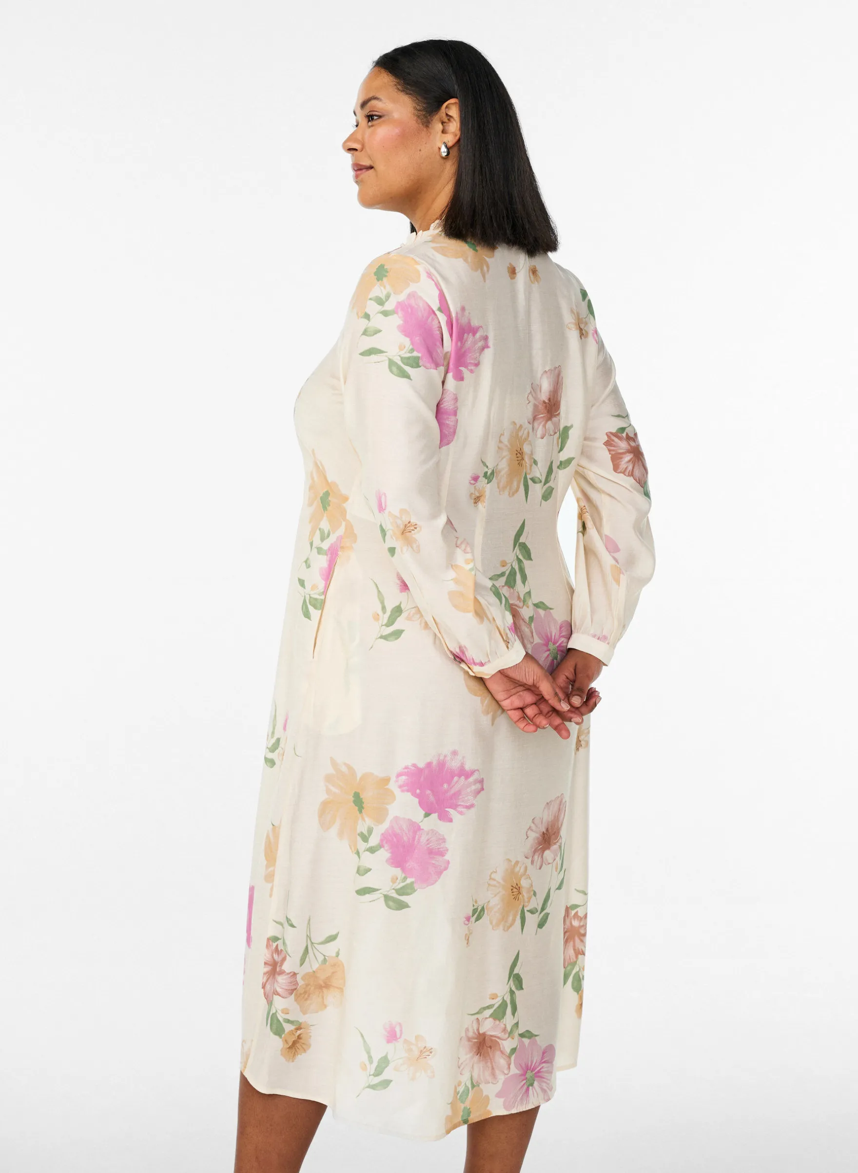 Geblümtes Midikleid mit Rüschenkragen und Knopfleiste