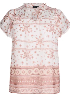 Gemusterte Bluse mit Rüschendetail und kurzen Ärmeln