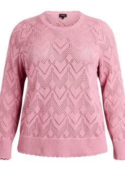 Gemusterte Strickbluse mit welligem Rand und Rundhalsausschnitt