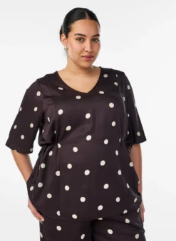 Gepunktete Bluse aus Viskose mit V-Ausschnitt und Bindeband