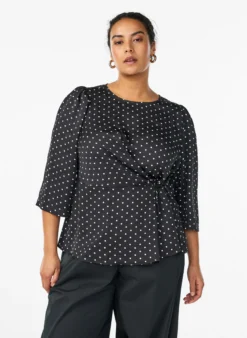 Gepunktete Bluse mit Bindeband und 3/4-Ärmeln