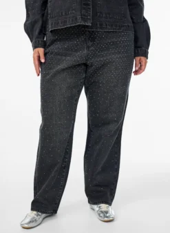 High-Waist-Jeans in gerader Passform mit Strasssteinen