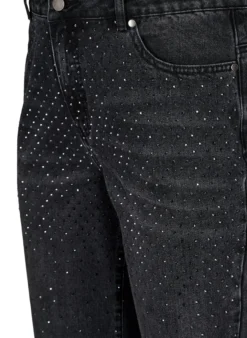 High-Waist-Jeans in gerader Passform mit Strasssteinen
