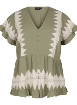 Kurze Bluse mit Rüschen und Grafikmuster